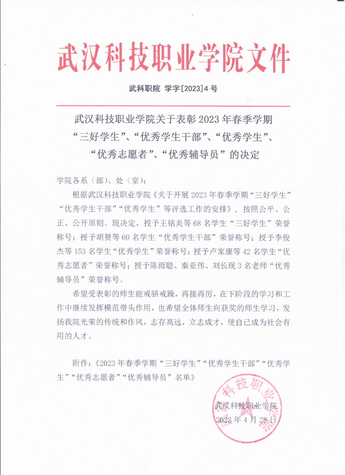 關于表彰我院2023年春季學期“三好學生”、“優秀學生干部”、“優秀學生”、“優秀志愿者”、“優秀輔導員”的決定