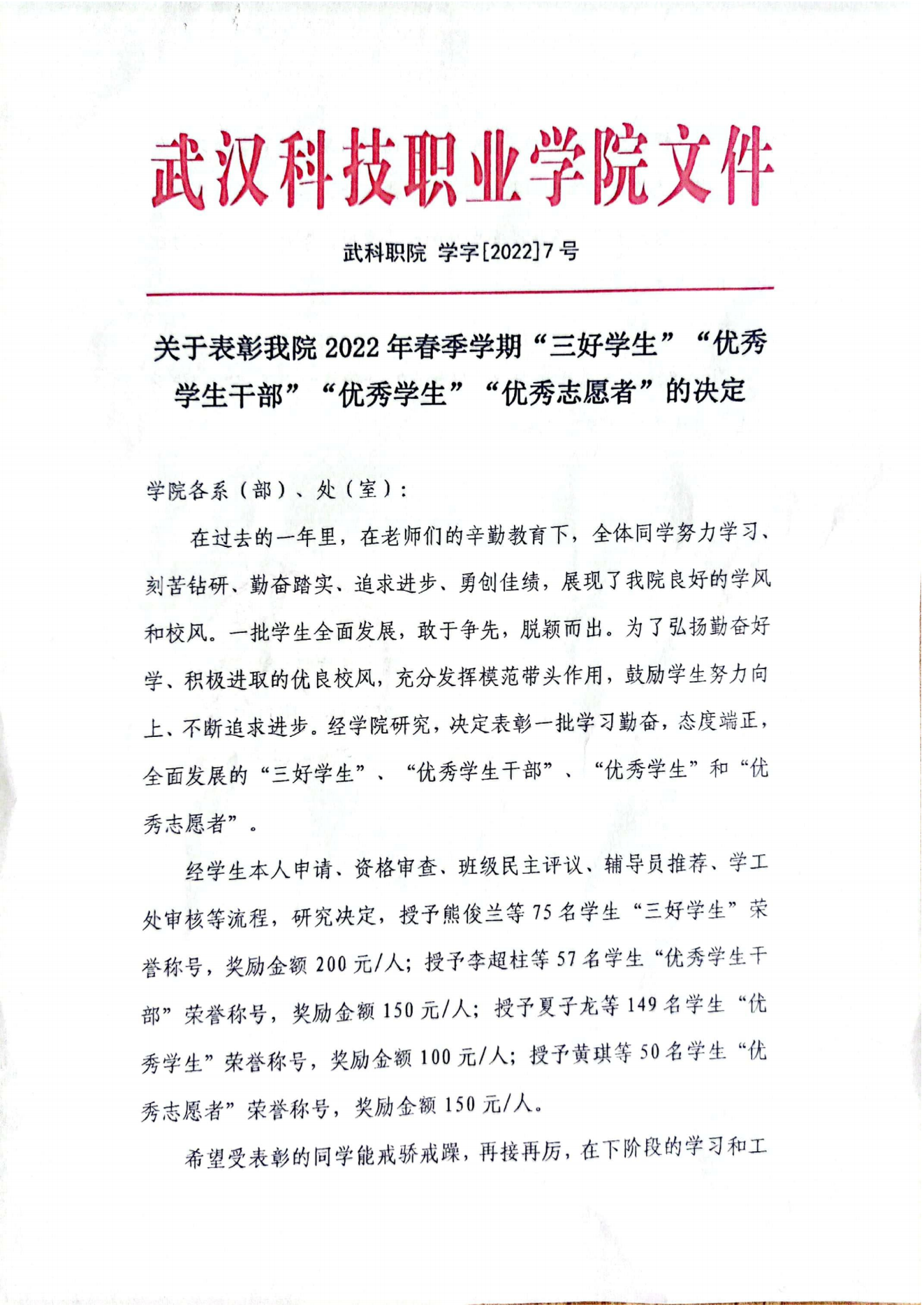 關于表彰我院2022年春季學期“三好學生”“優秀學生干部”“優秀學生”“優秀志愿者”的決定